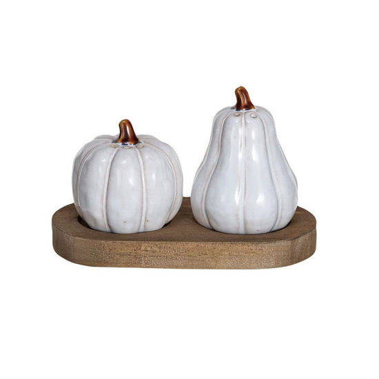 White Pumpkins Salt & Pepper Set with Wood Tray by Creative Co-op