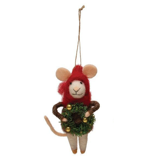 Wool Felt Mouse Holiday Ornament - Wreath by Creative Co-op
