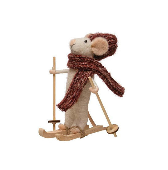 Wool Felt Mouse Skiing with Knit Hat & Scarf - Red by Creative Co-op