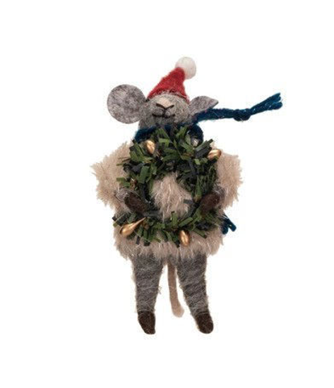 Wool Felt Mouse in Faux Fur Sweater - Beige with Wreath by Creative Co-op