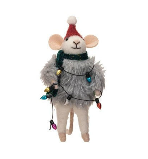 Wool Felt Mouse in Faux Fur Sweater - Gray with Lights by Creative Co-op
